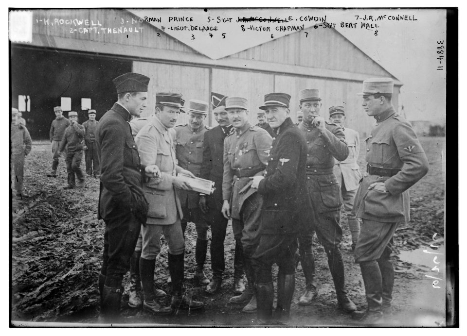 1. K. Rockwell, 2. Capt. Thenault, 3. Norman Prince, 4. Lieut. DeLaage, 5. Sgt. E, Cowdin, 6. Sgt. Bert Hall, 7. J.R. McConnell, and 8. Victor Chapman LCCN2014701921