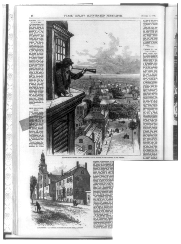 1. Massachusetts - Summer life in Nantucket - Giving warning of the approach of the steamer (man blowing horn from window); 2. Massachusetts - Old church and houses on Orange Street, LCCN99614025