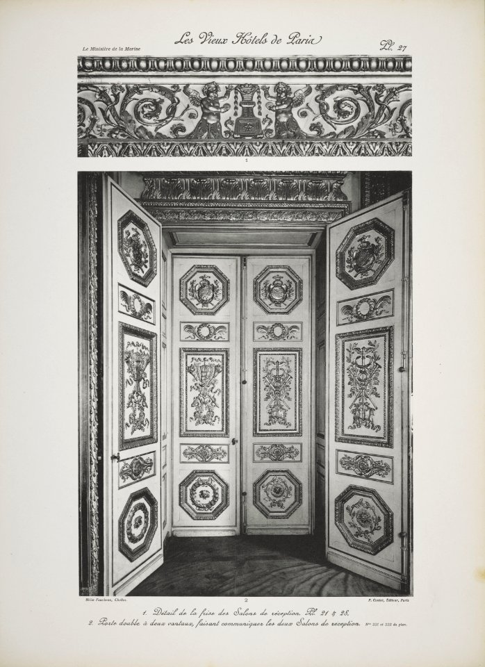 1. Détail de la frise des Salons de réception. 2. Porte double à deux vantaux faisant communiquer les deux Salons de réception (jlpw15 0753)