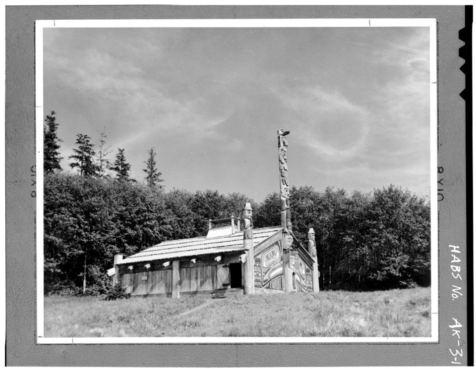 1. WEST SIDE AND FRONT 4x5' neg. - Totem Bight Community House, Mud Bight Village, North Tongass Highway, Ketchikan, Ke - LOC - hhh.ak0002.photos.000312p