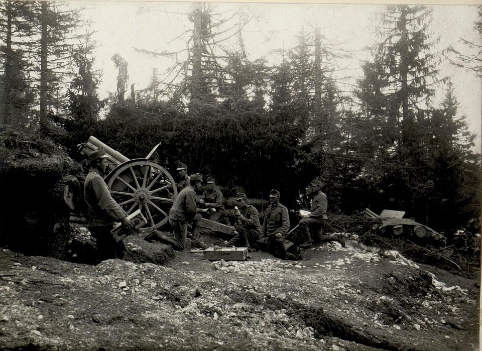 10 cm Ldw. Gebirgshaubitze auf Cost alta. Aufgenommen im Mai 1916. (BildID 15533937)