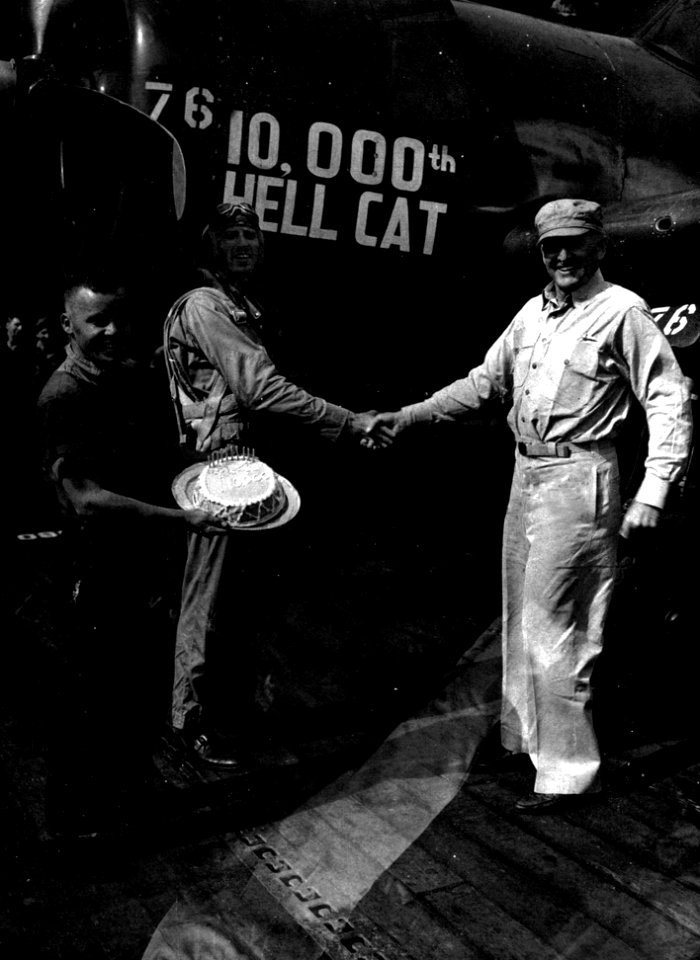 10,000th Grumman F6F Hellcat is delivered to VBF-87 aboard USS Ticonderoga (CV-14), in May 1945