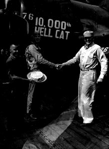 10,000th Grumman F6F Hellcat is delivered to VBF-87 aboard USS Ticonderoga (CV-14), in May 1945