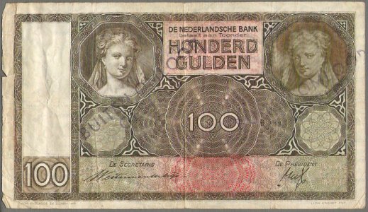 100 Gulden biljet met luitspeelster