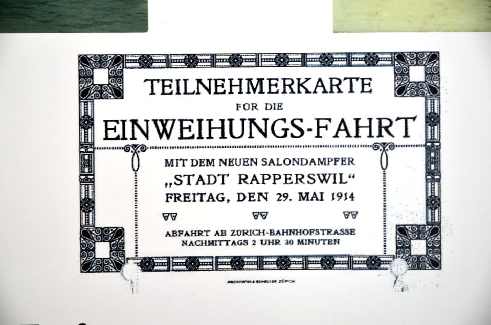 100 Jahre Dampfschiff 'Stadt Rapperswil' - Tag der offenen Dampfschiff-Türe am Bürkliplatz - Innenansicht - Historische Photographie Jungfernfahrt DS Rapperswil 'Teilnehmerkarte' 2014-04-25 14-53-52