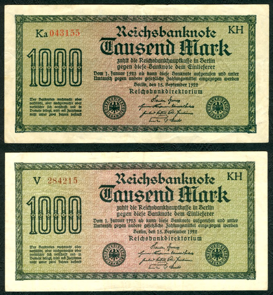 1000 Mark Reichsbanknote 1922 2 Versionen gedruckt von J. C. König & Ebhardt KH Hannover Seite I 600 dpi
