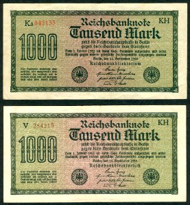 1000 Mark Reichsbanknote 1922 2 Versionen gedruckt von J. C. König & Ebhardt KH Hannover Seite I 600 dpi