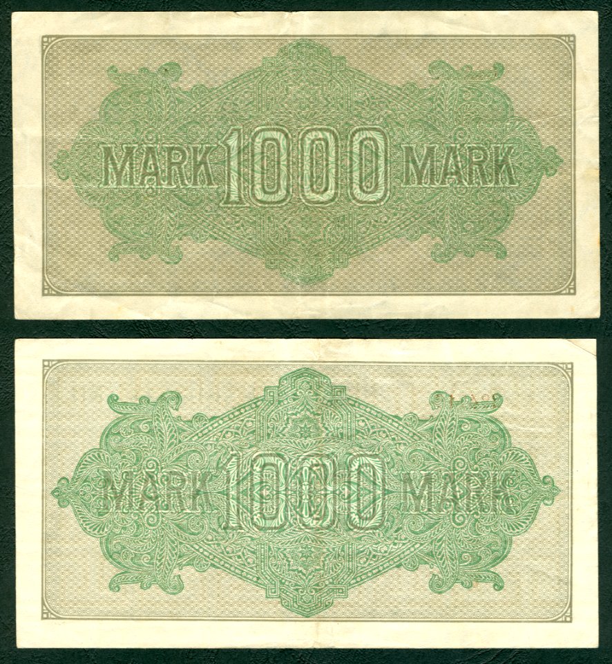 1000 Mark Reichsbanknote 1922 2 Versionen gedruckt von J. C. König & Ebhardt KH Hannover Seite II 600 dpi