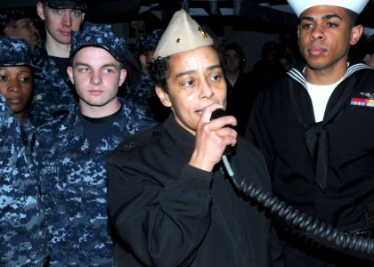 100403-N-6764G-041 RDML Michelle Howard addresses the crew of USS Bataan (LHD-5) after their return to NAVSTA Norfolk