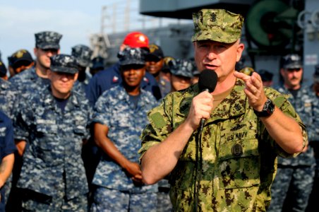100805-N-9818V-205 MCPON Rick West holds an all-hands call aboard the amphibious assault ship USS Kearsarge (LHD-3) during his visit to NAVSTA Norfolk