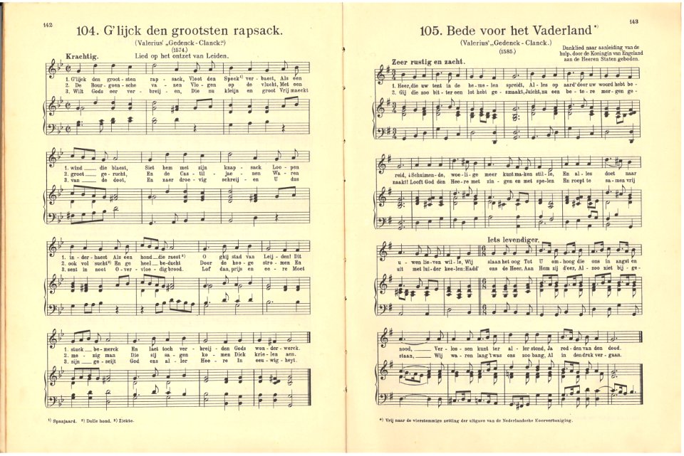 104 G'lijck den grootsen rapsack, pagina 142 & 105 Bede voor het Vaderland, pagina 143