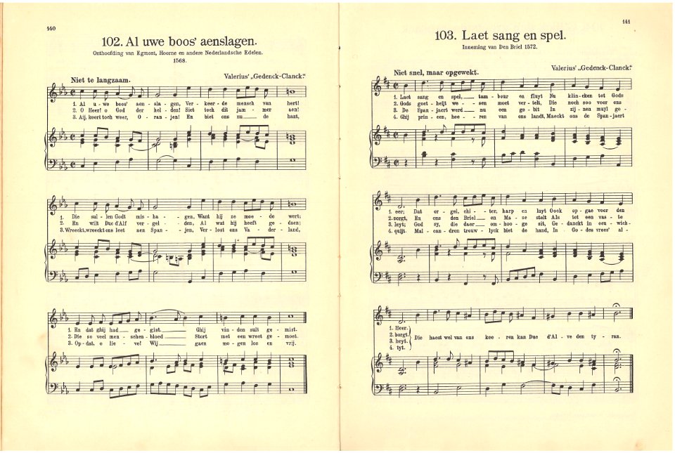 102 Al uwe boos aenslagen, pagina 140 & 103 Laet sang en spel, pagina 141
