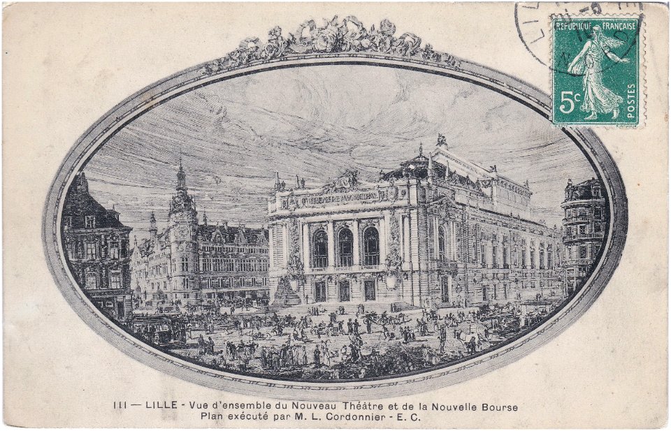 111 — Lille – Vue d'ensemble du Nouveau théâtre et de la Nouvelle Bourse – Plan exécuté par M. L. Cordonnier - E.C