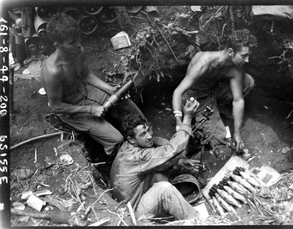 111-SC-190532 - Mortar crew of Co. B, 132nd Infantry, Americal Div. The company took part in the attack on Jap positions on Hill 260, Bougainville