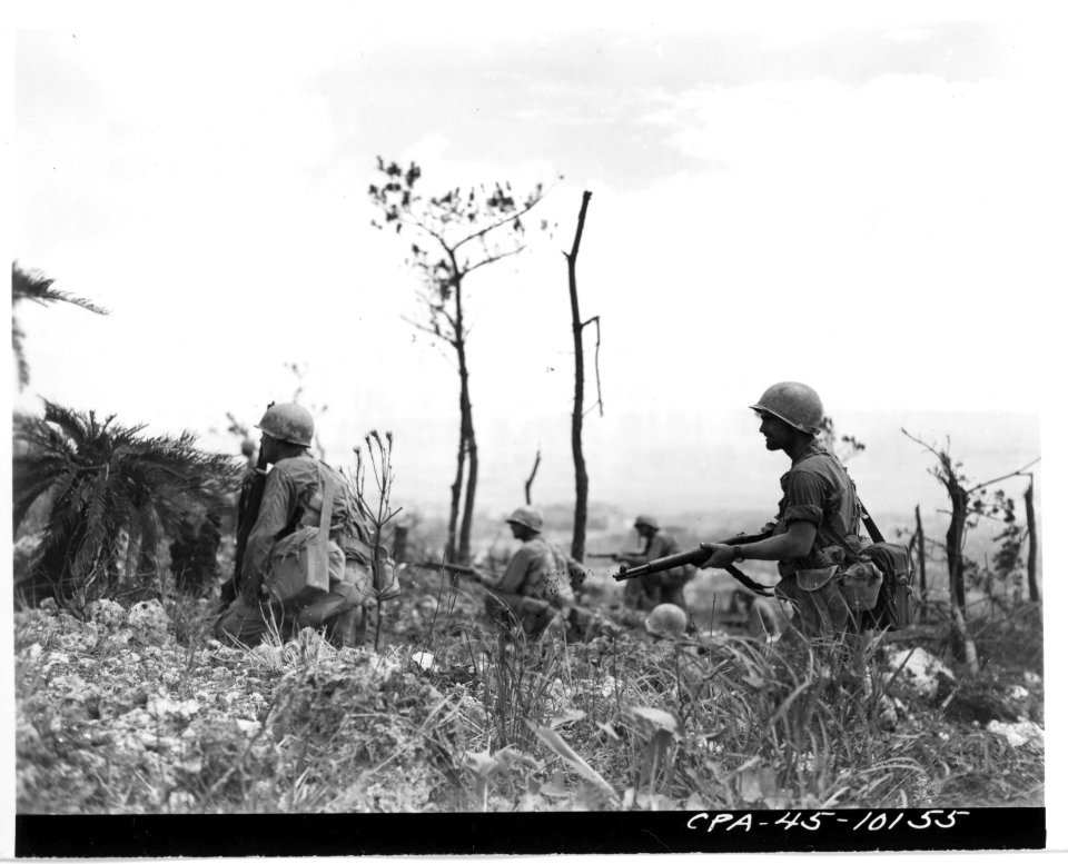111-SC-337969 - Riflemen of the 2nd Bn., 381st Regiment of the Tenth Army's 96th Div. peer cautiously ahead as they advance across the summit of Yaeju-Dake escarpment (Big Apple Ridge) on Okinawa. 14 June 1945