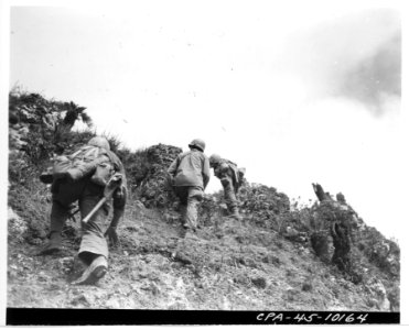 111-SC-337970 - Tenth Army doughboys of the 96th Division approach the top of Big Apple Hill, heavily fortified position, captured during an intense battle with Japanese troops on 15 June