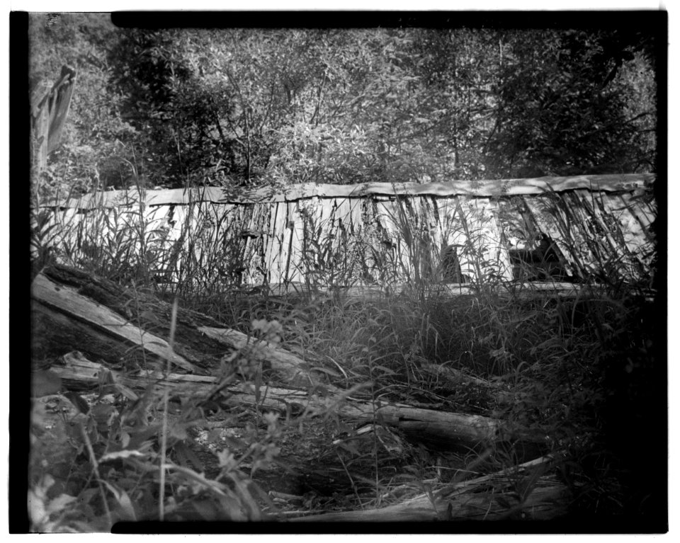 12. BLACKSMITH SHOP (BUILDING C) SOUTH WALL AND ROOF WITH ADJACENT LOG PILE - Dalton Trail Post, Mile 40, Haines Highwa - LOC - hhh.ak0001.photos.001401p