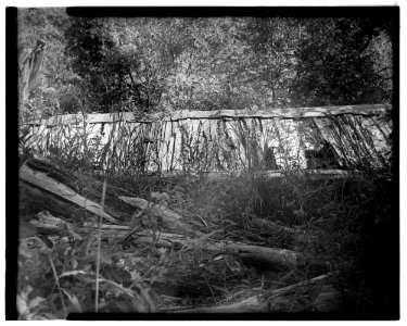 12. BLACKSMITH SHOP (BUILDING C) SOUTH WALL AND ROOF WITH ADJACENT LOG PILE - Dalton Trail Post, Mile 40, Haines Highwa - LOC - hhh.ak0001.photos.001401p