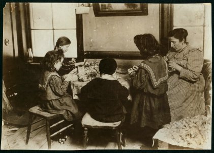 122 Sullivan St. 2nd Floor rear. Leveroni family. Earn 4 cents a gross making violets. Can make 20 gross a day when children work all day. Father has work. Mrs. Leveroni; Tessie Leveroni, LOC nclc.04071