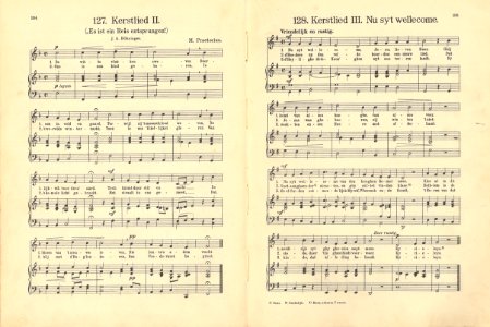 127 Kerstlied II, Es ist ein Reis entsprungen, pagina 184 & 128 Kerstlied III Nu syt wellecome, pagina 185