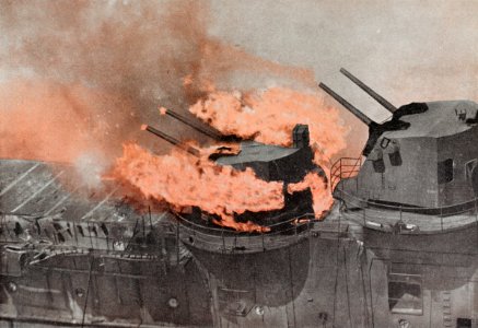 127 mm twin turret burning aboard USS Franklin (CV-13) on 19 March 1945 photo