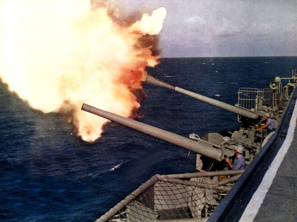 127 mm guns firing aboard USS Bon Homme Richard (CVA-31) c1962