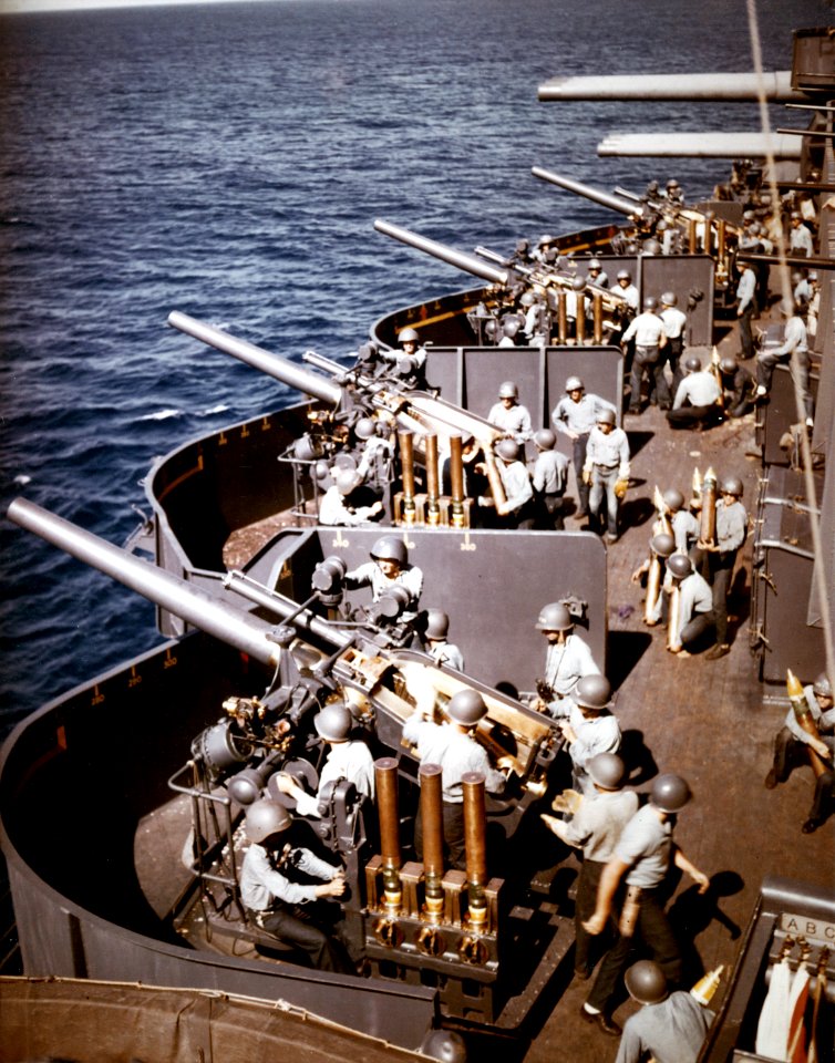 127mm gun battery aboard USS New Mexico (BB-40) off Saipan on 15 June 1944