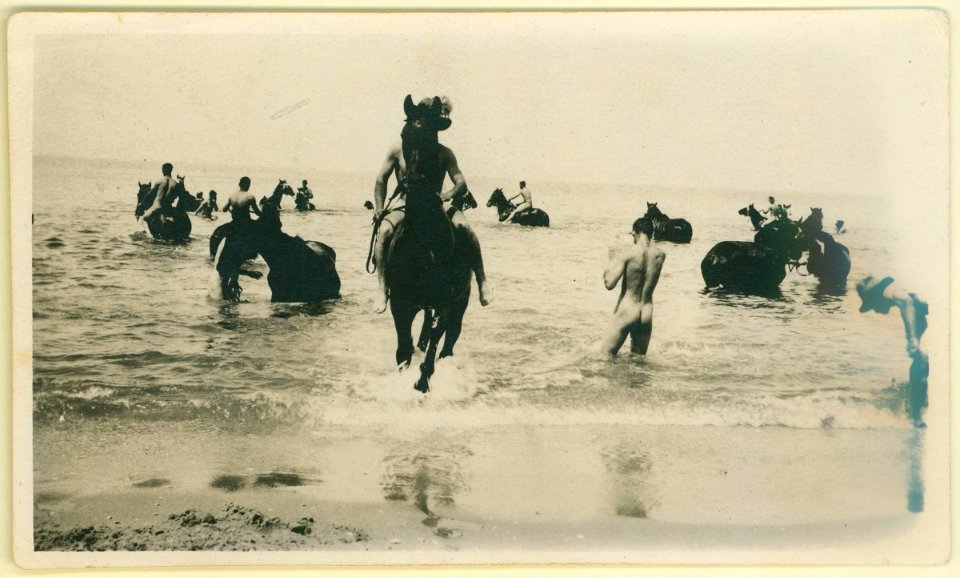 Men and horses bathing, c1916 (27356566736)