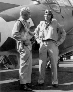 Navy ace fighter pilot Commander Caldwell (right) speaking to Rear Admiral Sherman about Rabaul raid on board the USS Saratoga (CV-3). (50240170631)