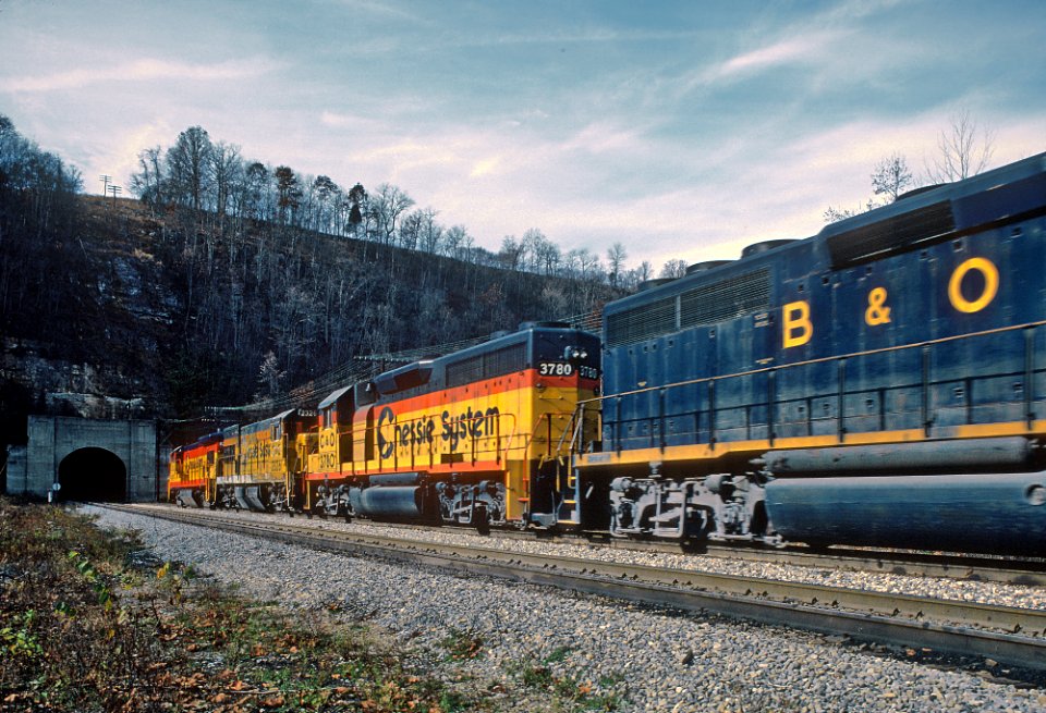 One C&O Train Coming Out of and One Going Into Fort Springs Tunnel -- 5 Photos (31995261991)