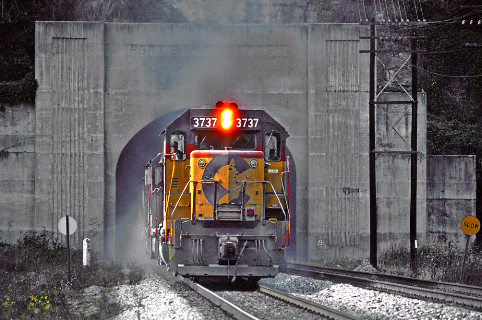 One C&O Train Coming Out of and One Going Into Fort Springs Tunnel -- 5 Photos (31738136070)