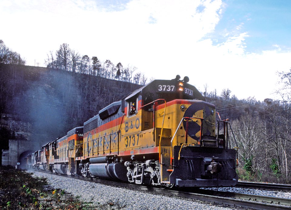 One C&O Train Coming Out of and One Going Into Fort Springs Tunnel -- 5 Photos (31964980962)