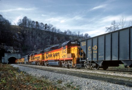 One C&O Train Coming Out of and One Going Into Fort Springs Tunnel -- 5 Photos (31964986182)