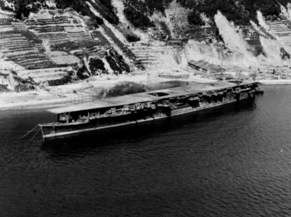 The Japanese aircraft carrier Ryuho anchored at Kure, Japan, in October 1945. The photo was taken by an aircraft from the U.S. Navy escort carrier USS Siboney (CVE-112). (49717180227)