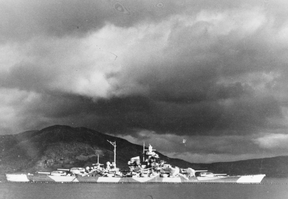 Tirpitz Anchored in the Alta Fjord, in northern Norway, protected by anti-torpedo nets (1943-1944). (51055432497)