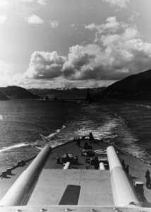 Tirpitz leaving a Norwegian fjord, circa 1942. (51055380606)