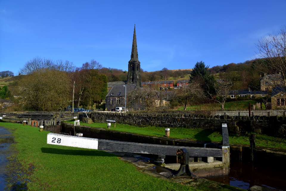 Travis Mill Lock, Rochdale Canal, Saint Peter's Church, Walsden, Yorkshire (24423517770)