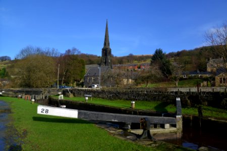 Travis Mill Lock, Rochdale Canal, Saint Peter's Church, Walsden, Yorkshire (24423517770)