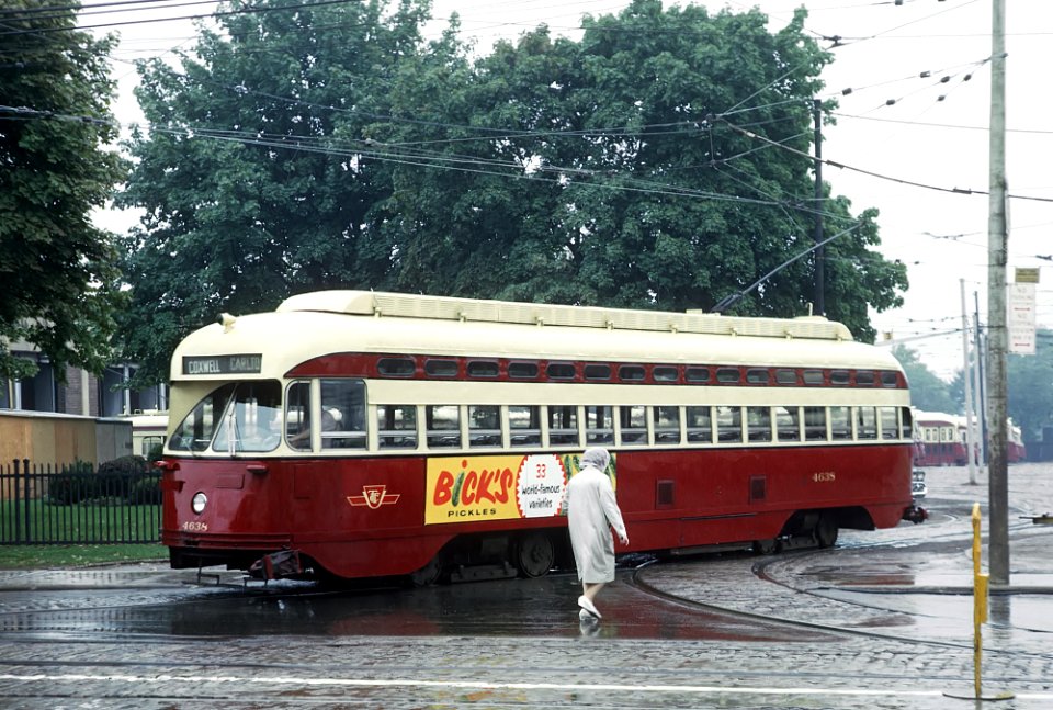 TTC 4368 (PCC) COXWELL CARLTON car leaving Coxwell car house onto Danforth, Toronto, ONT September 8, 1965 (22592982901)
