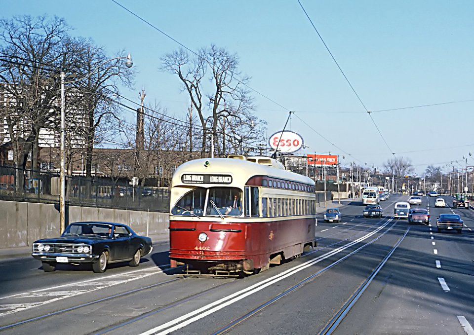 TTC 4402 (PCC) a LONG BRANCH LONG BRANCH car on Queensway in Toronto, ONT on April 3, 1970 (22393817320)