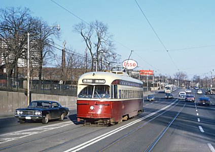 TTC 4402 (PCC) a LONG BRANCH LONG BRANCH car on Queensway in Toronto, ONT on April 3, 1970 (22393817320) photo