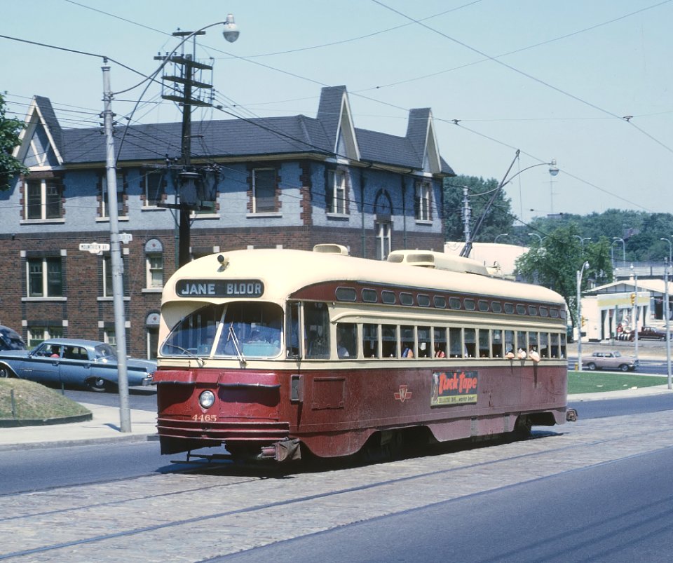 TTC 4465 (PCC) a JANE BLOOR car on Bloor St. near Keele Ave, Toronto, ONT on July 2, 1966 (22555788306)