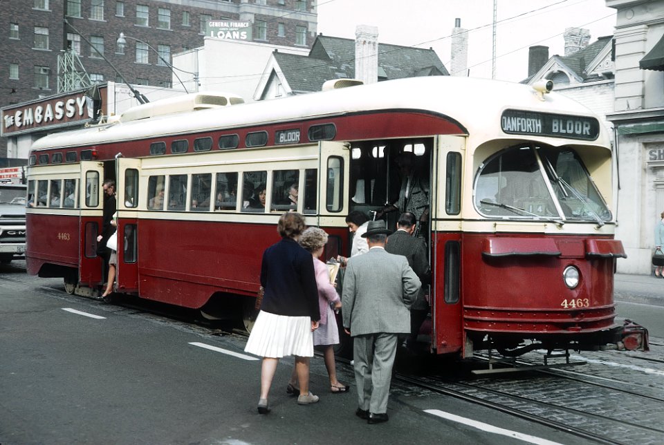 TTC 4463 (PCC) a DANFORTH BLOOR car on Bloor near Bay Street, Toronto, ONT on September 8, 1965 (21959028384)