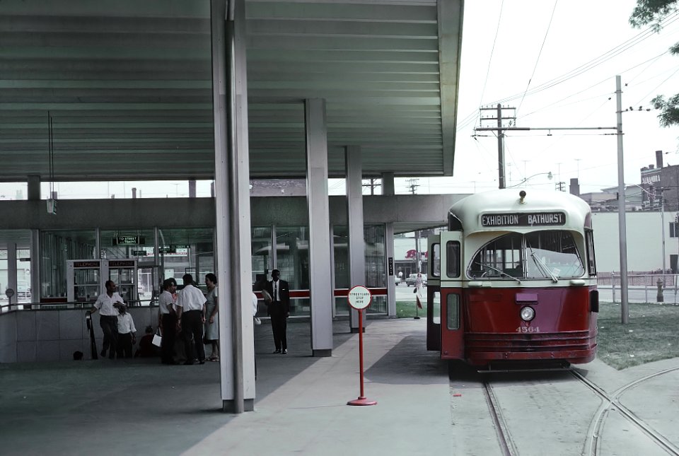 TTC 4564 (PCC) a EXIBITION BATHURST car at at Bathurst Subway Station (new Feb. 1966), Toronto, ONT on July 3, 1966 (22394929739) photo