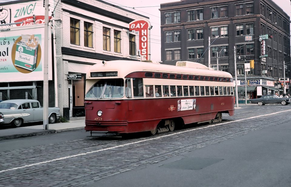 TTC 4713 (PCC) a CITY HALL DUNDAS car on on Bay Street near Dundas downtown Toronto, ONT on September 8, 1965 (21959689804)