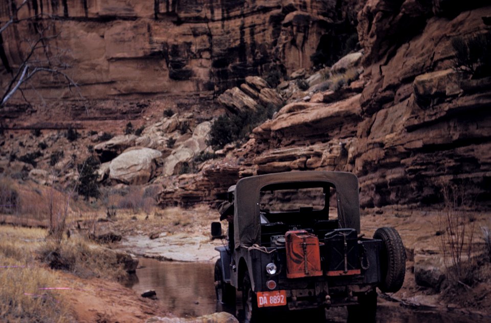 Tug Wilson driving in Lavender Canyon, circa 1957. (8170373381)