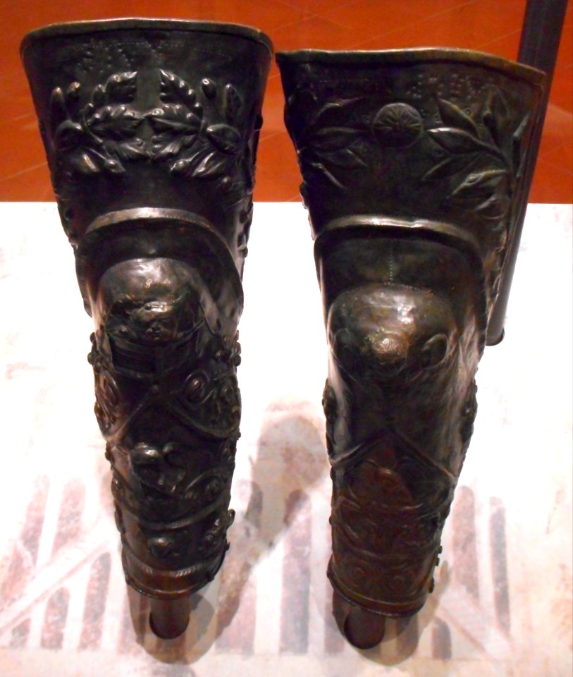 Two shin guards, from Pompeii, Portico Area (Quadriporticus) then transformed into a gladiators barracks - Archaeological Museum of Naples (30110809497)