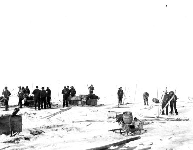 A general view of sledges, and equipment with crew from Discovery (1901), Terra Nova (1884) and Morning (1871) RMG P49436