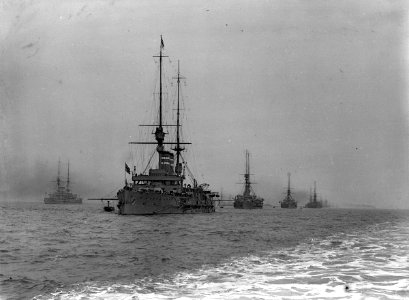 A general view of Line B with the battleships at anchor during the Naval Review or King's Review of the Fleet at Spithead. RMG P00025