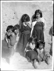 A group of Hopi children on the Dance Plaza at Walpi (Walpai), Arizona, ca.1898 (CHS-4632)